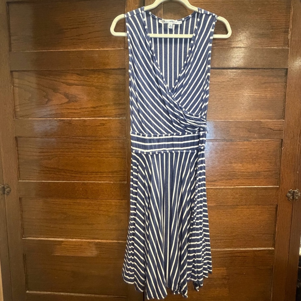 ✅ Max Studio large Navy blue White stripe sundress wrap stretch full skirt Dress